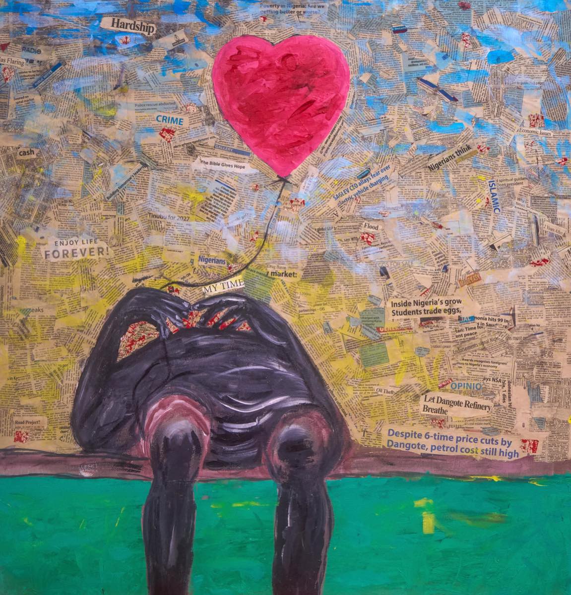 Freedom, 2024, Mixed media with newspaper and acrylic on canvas, by Ajayi Damilare Elijah